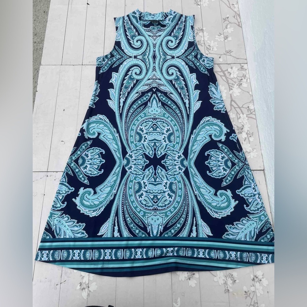Tiana B. Navy and Aqua Paisley Dress